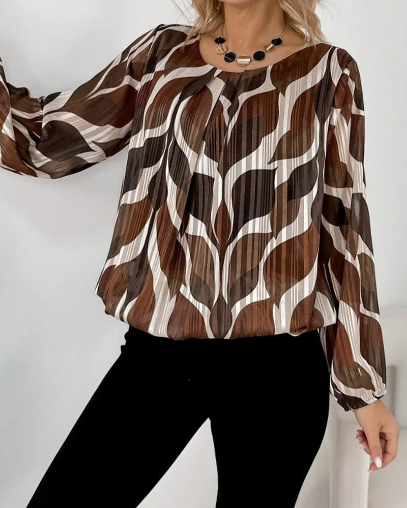 Artistic Leaf Print Pleated Long-Sleeve Blouse