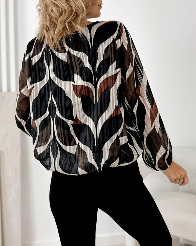 Artistic Leaf Print Pleated Long-Sleeve Blouse
