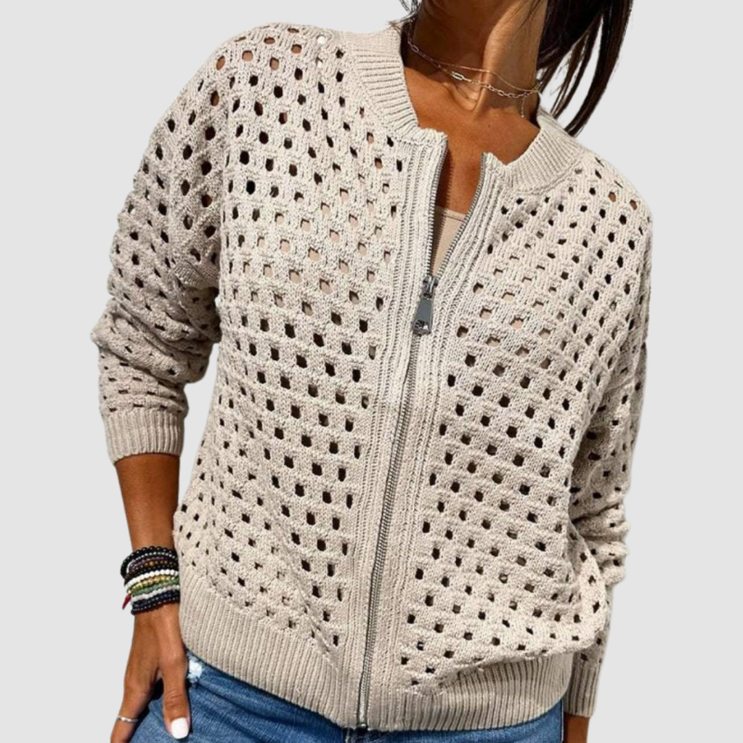 Zip-Up Casual Hollow-Knit Sweater Jacket
