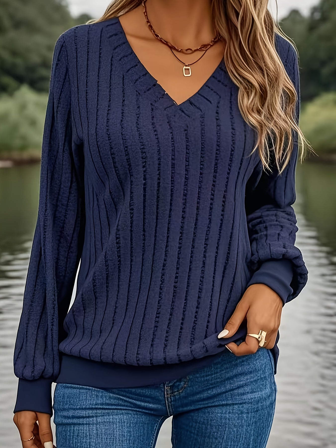 Anouk™ | Ribbed Knit Long-Sleeve V-Neck Pullover Sweater