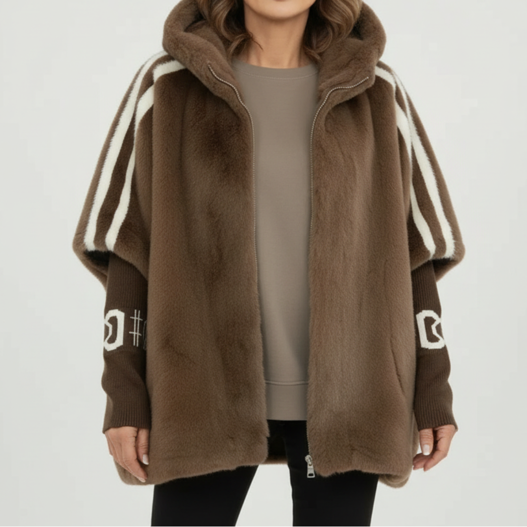 Gladys™ | Striped-sleeve hooded faux-fur coat