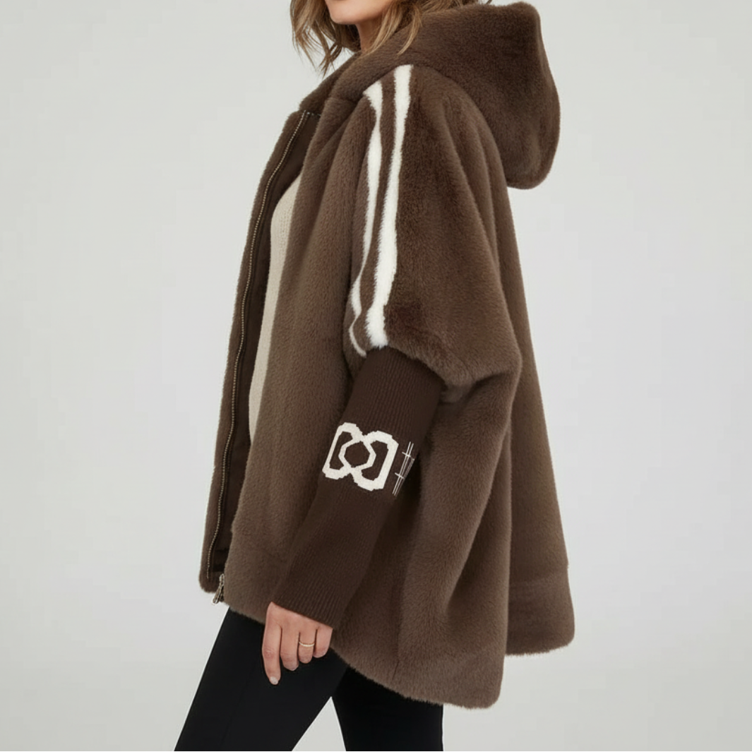 Gladys™ | Striped-sleeve hooded faux-fur coat