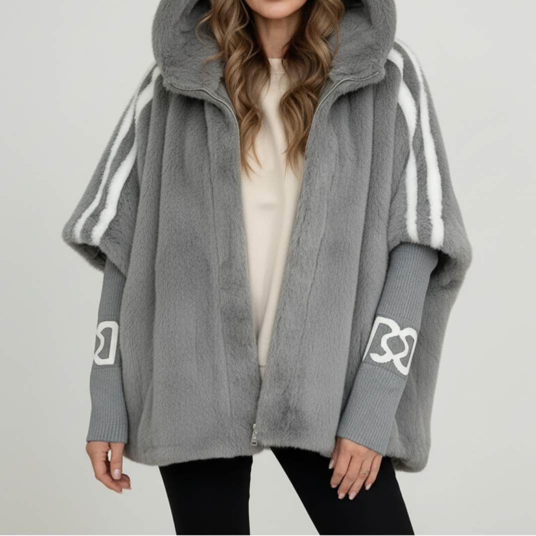 Gladys™ | Striped-sleeve hooded faux-fur coat