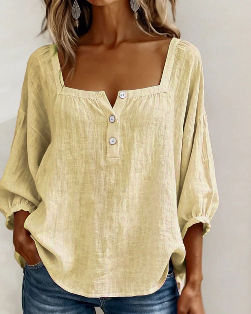 Solid Button-Neck Relaxed Blouse