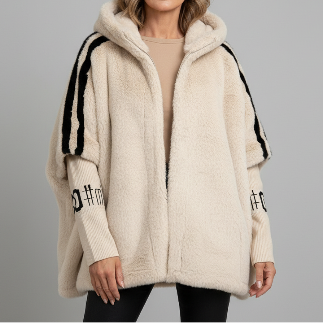 Gladys™ | Striped-sleeve hooded faux-fur coat