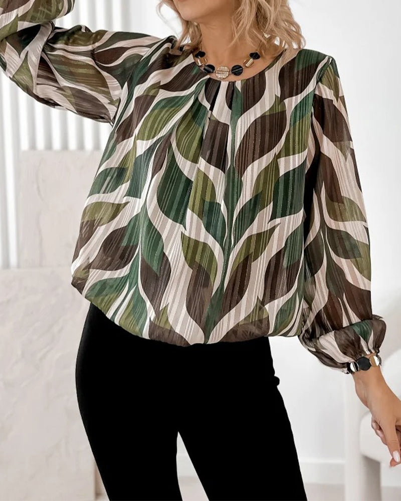 Artistic Leaf Print Pleated Long-Sleeve Blouse