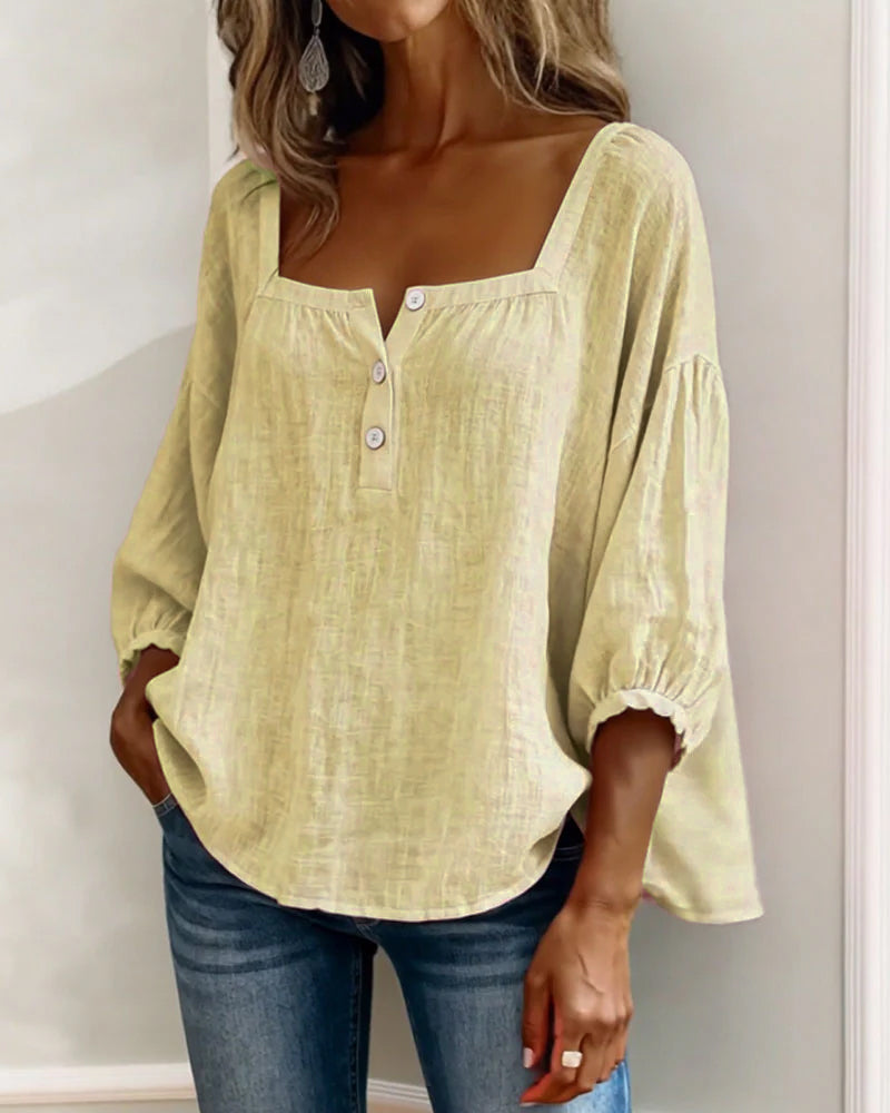 Solid Button-Neck Relaxed Blouse