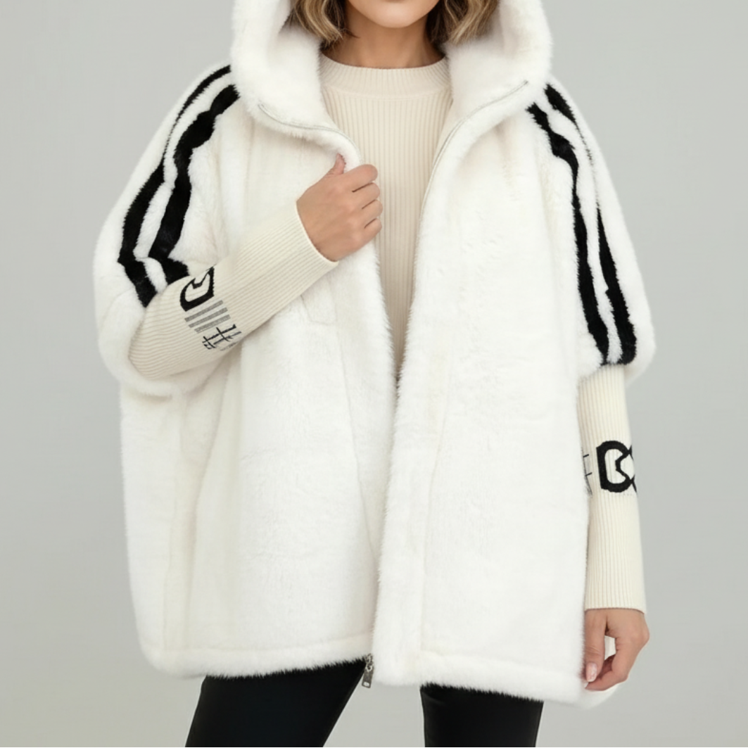 Gladys™ | Striped-sleeve hooded faux-fur coat