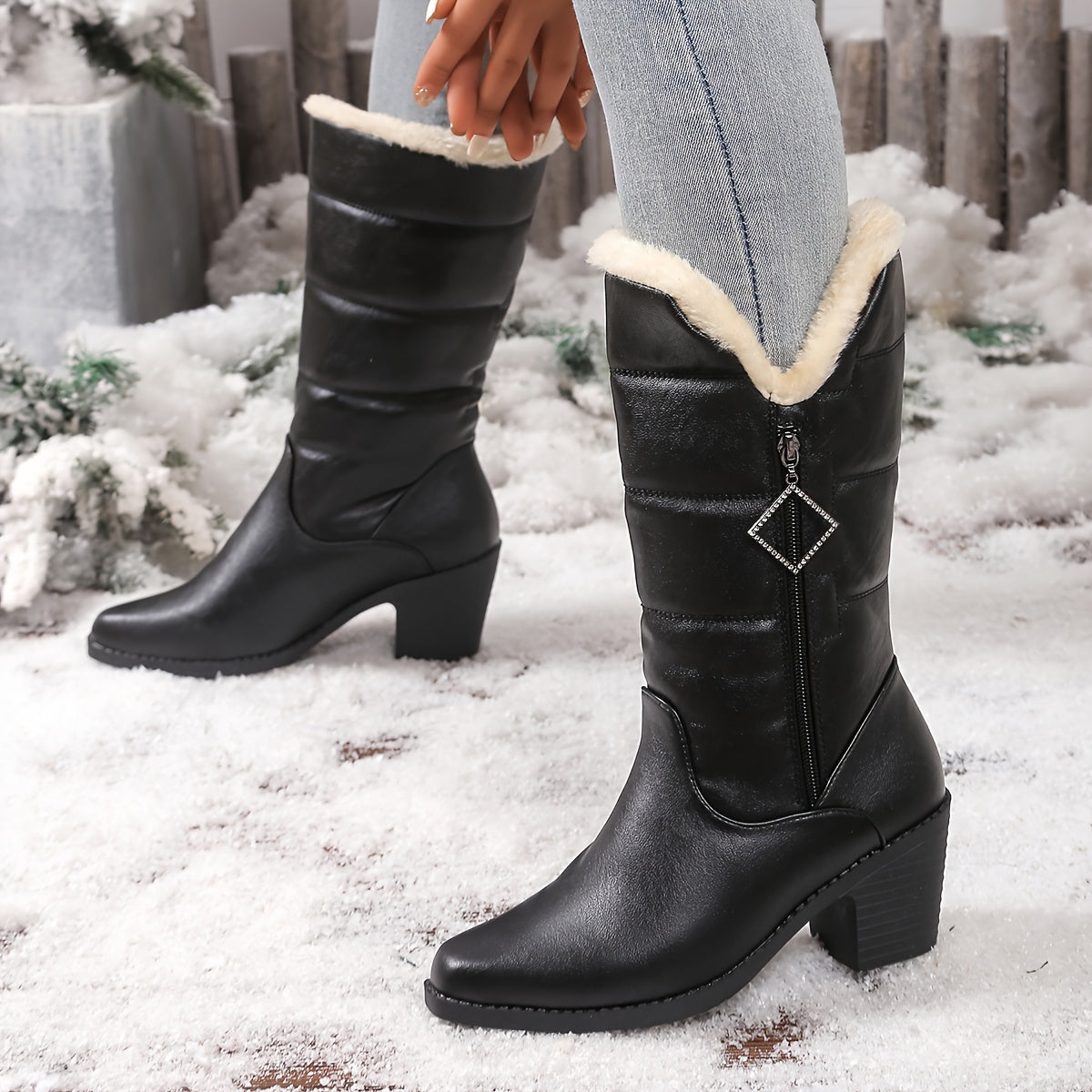 Beryl™ | Faux-fur cuff side-zip heeled knee-high boots