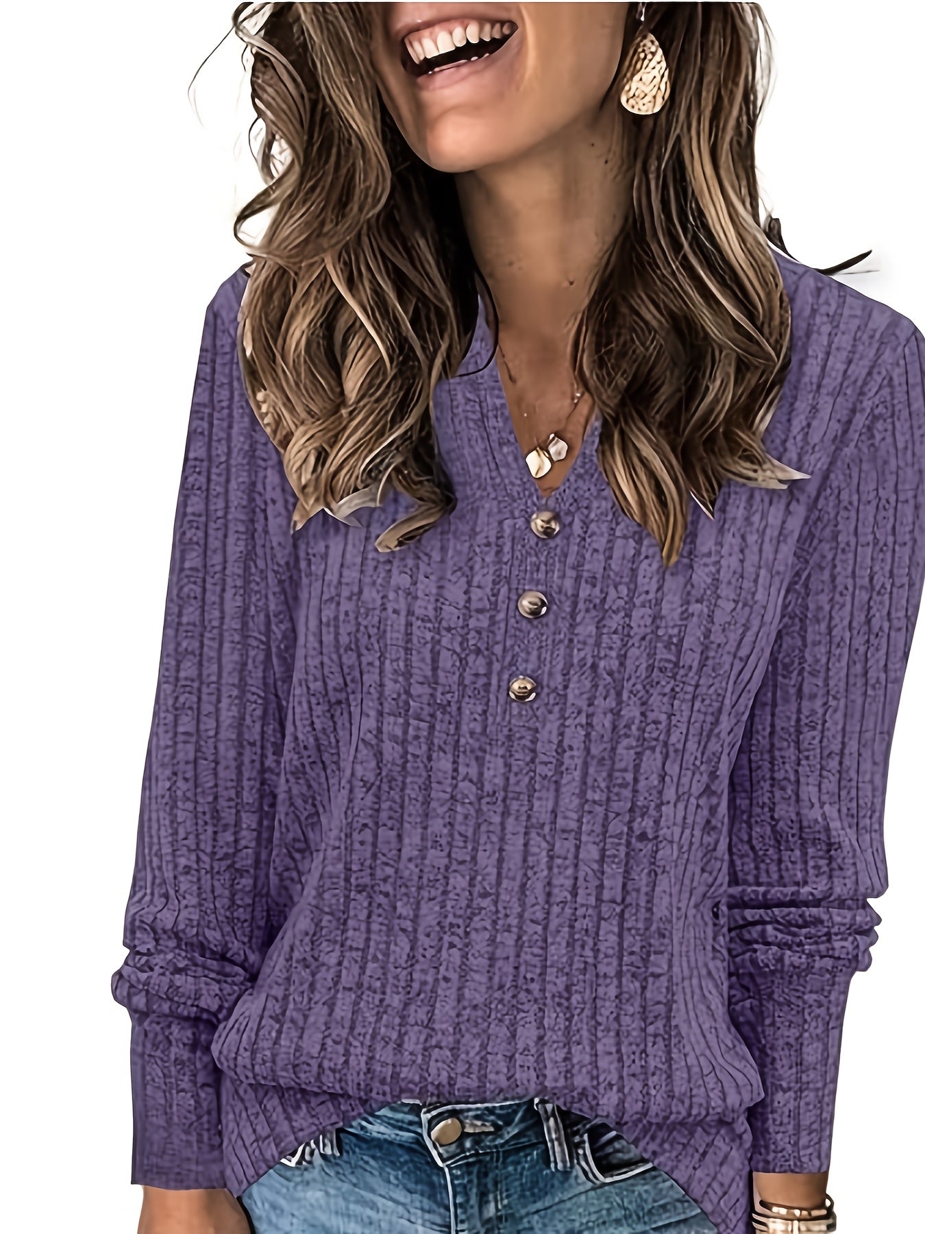 Wendy™ | Ribbed Knit Button-Front Henley Sweater