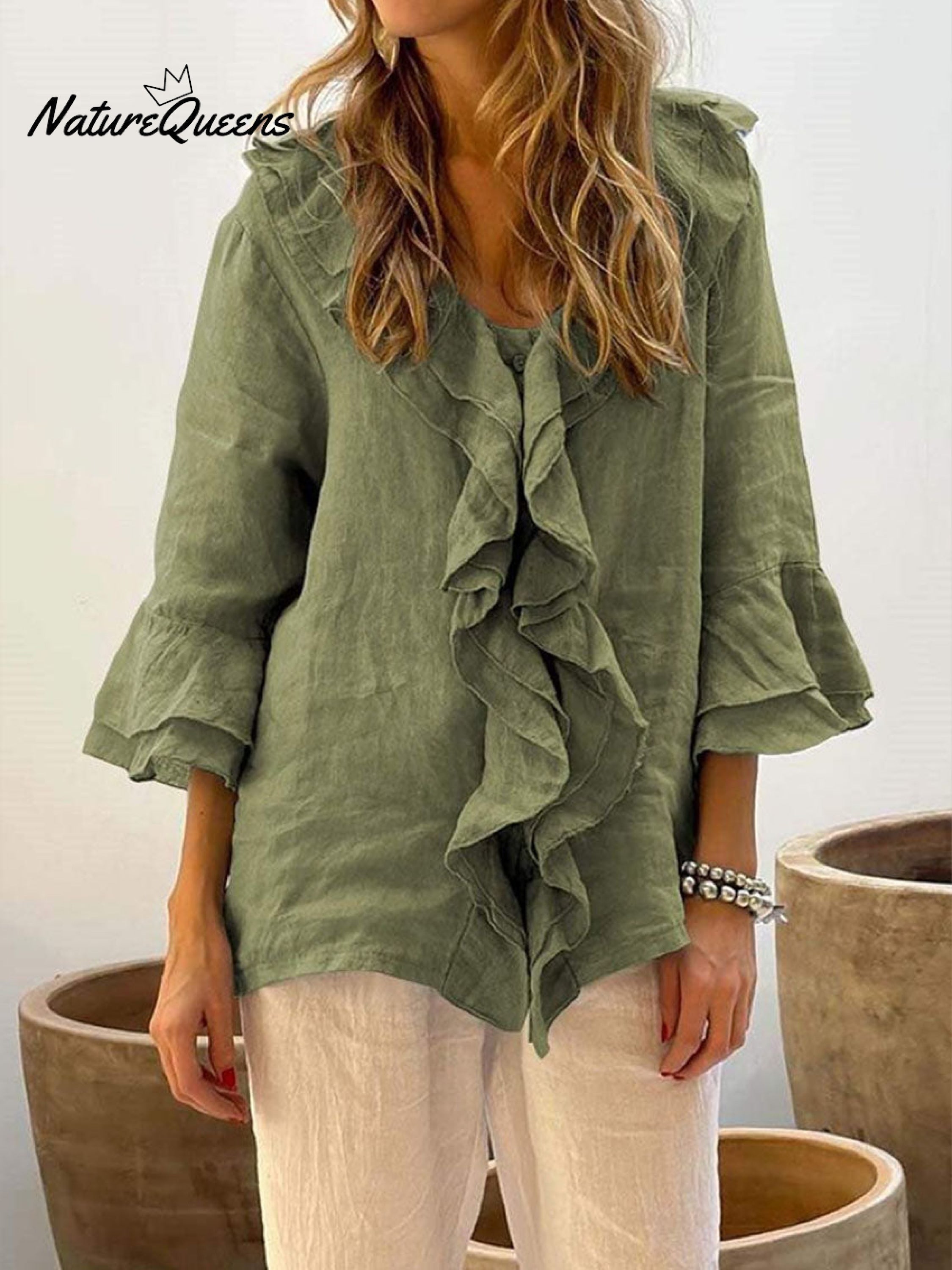 Ruffle-Front Linen Boho Blouse