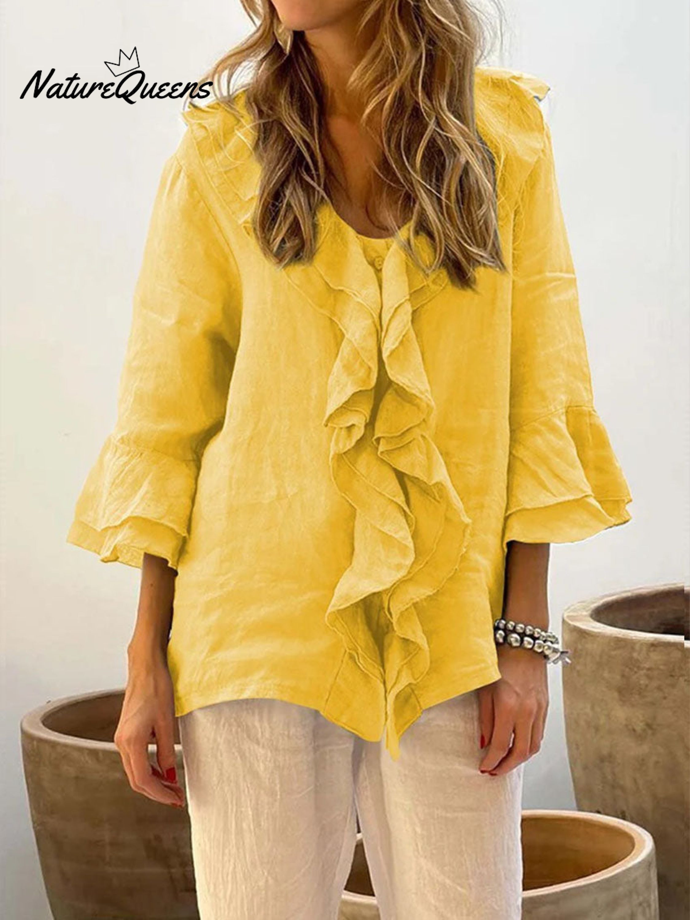Ruffle-Front Linen Boho Blouse