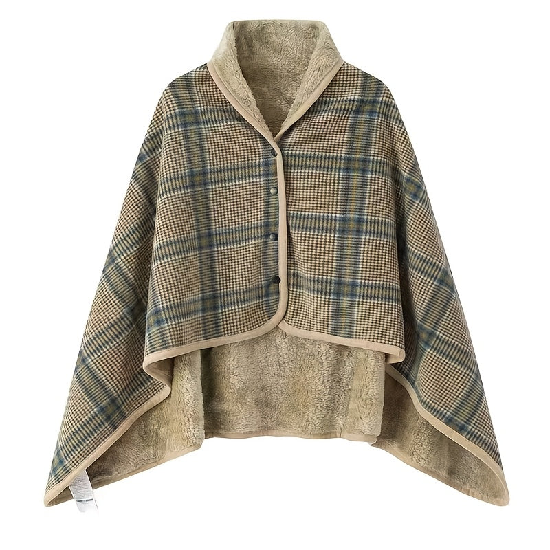 Steela™ | Plaid Fleece-Lined Buttoned Poncho Cape