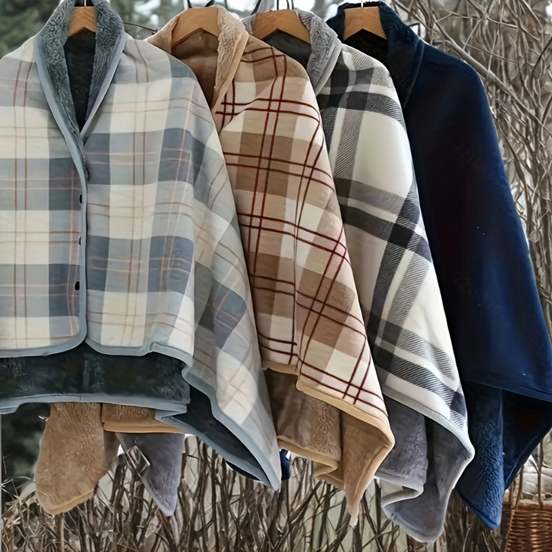 Steela™ | Plaid Fleece-Lined Buttoned Poncho Cape