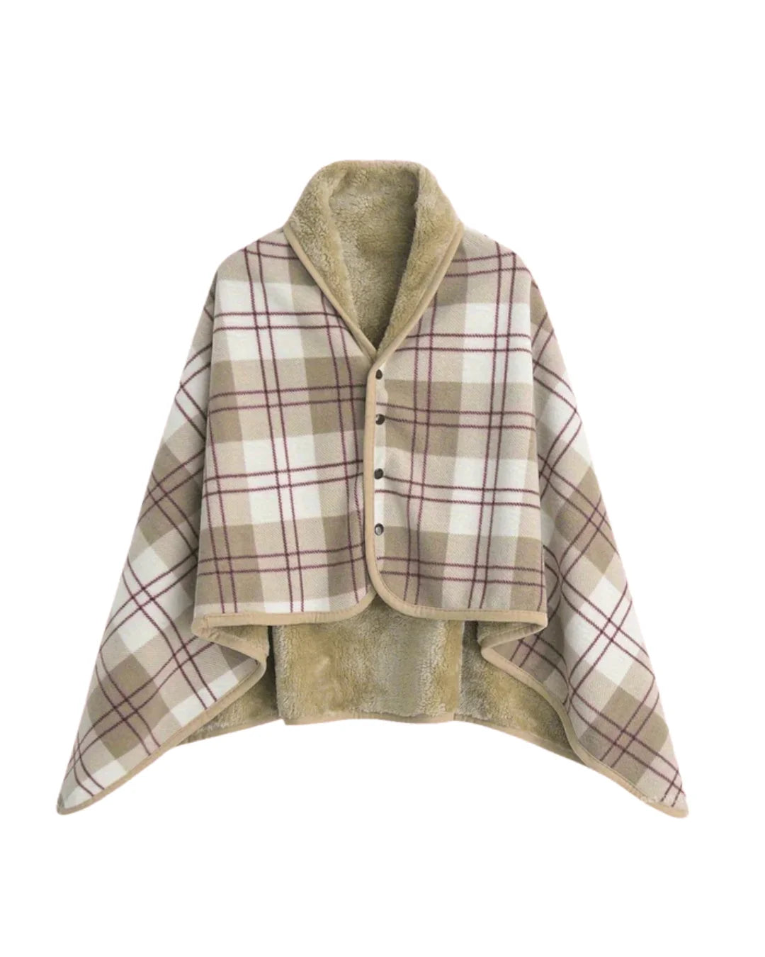 Steela™ | Plaid Fleece-Lined Buttoned Poncho Cape