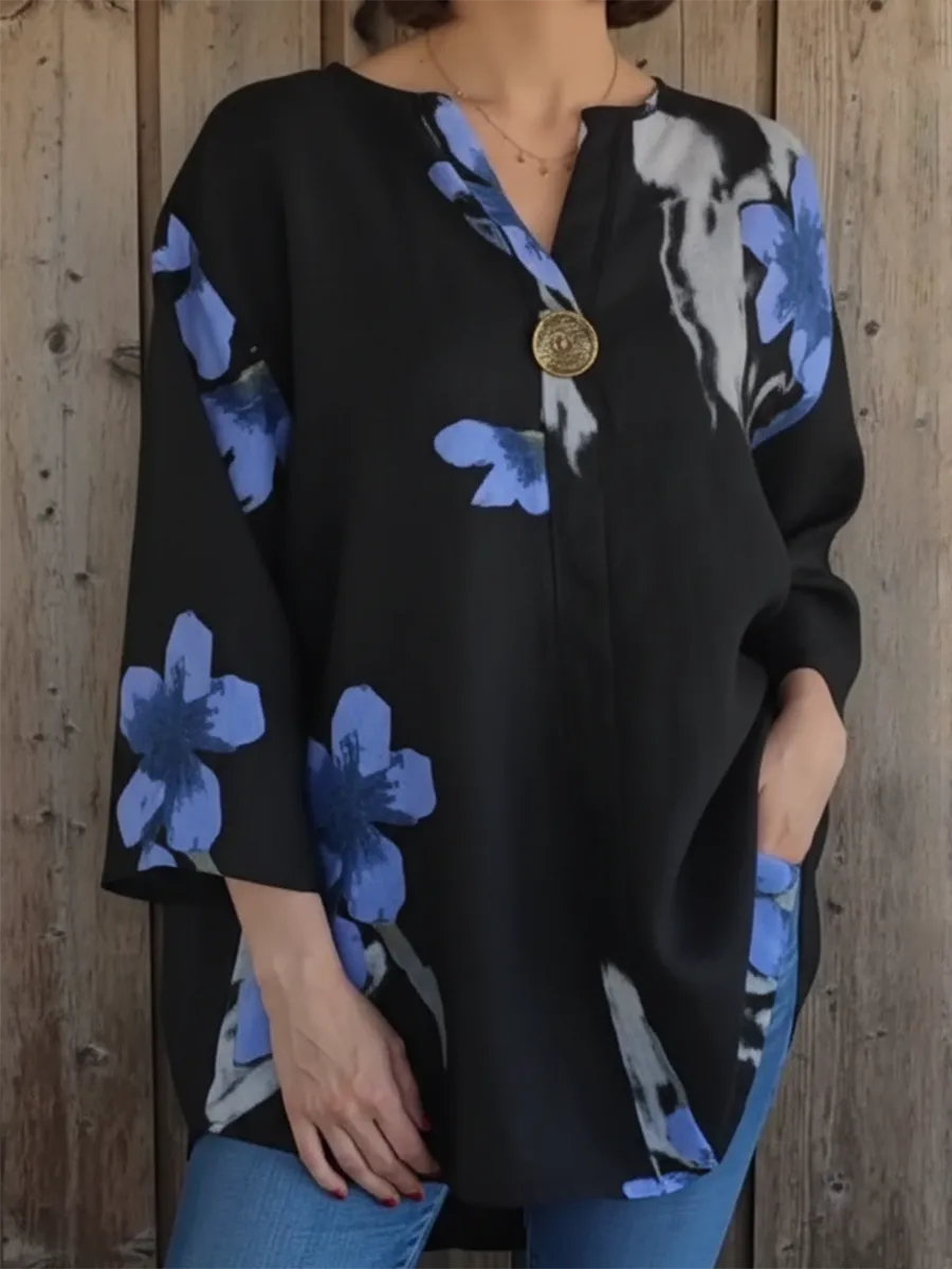 Elegant Floral Print Button-Detail Relaxed Blouse