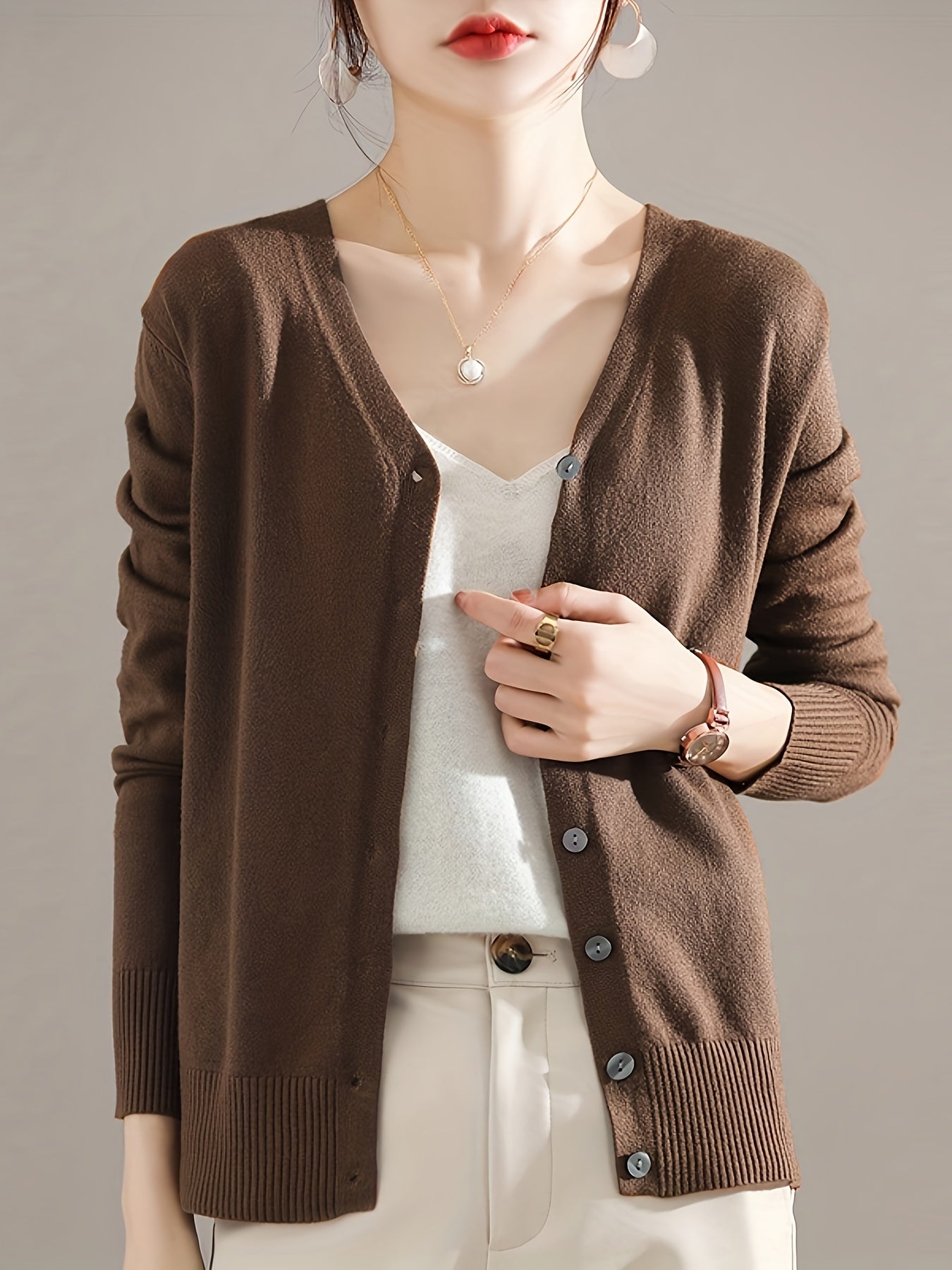 Solène™ | Button-Front Ribbed-Cuff V-Neck Cardigan Sweater