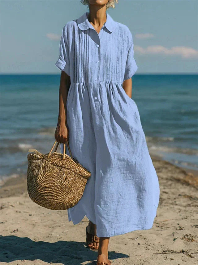Pleated Boho Linen Button Maxi Dress