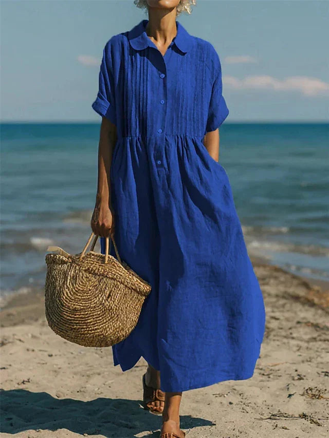 Pleated Boho Linen Button Maxi Dress
