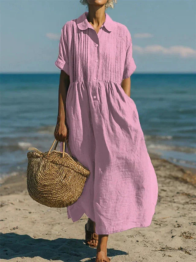 Pleated Boho Linen Button Maxi Dress