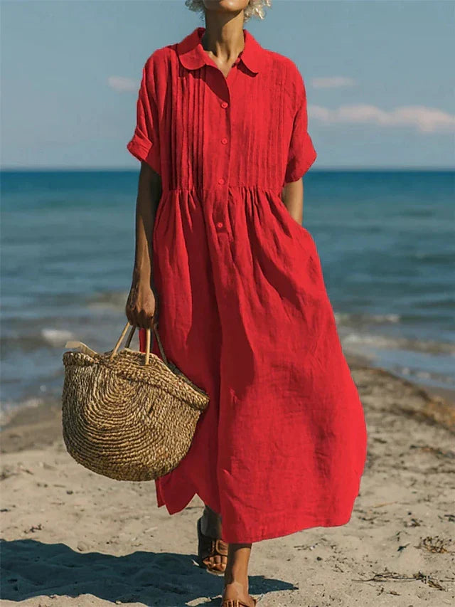 Pleated Boho Linen Button Maxi Dress