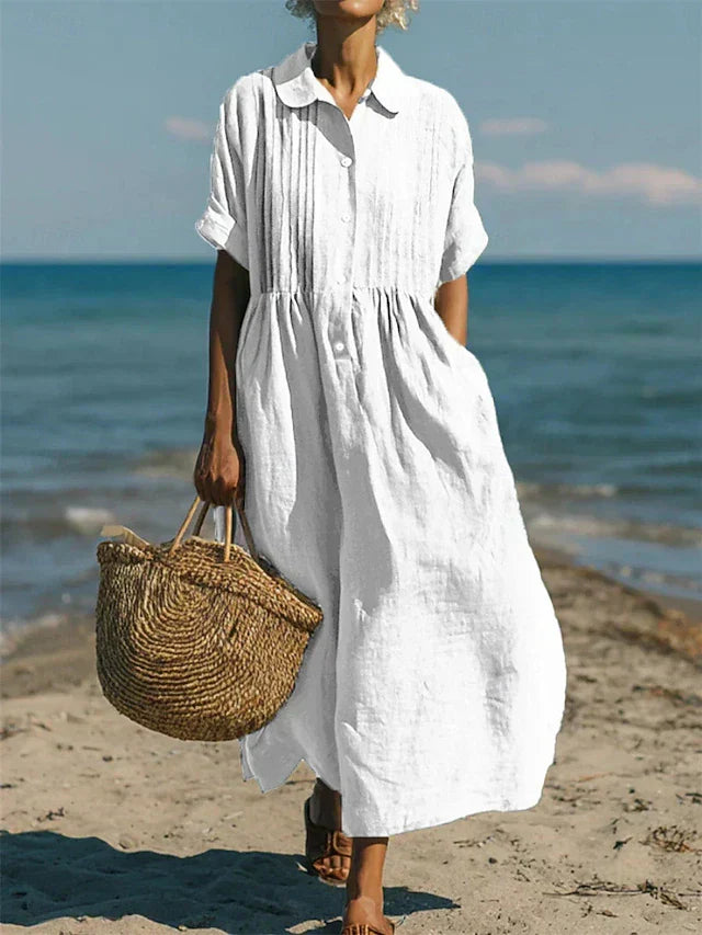 Pleated Boho Linen Button Maxi Dress
