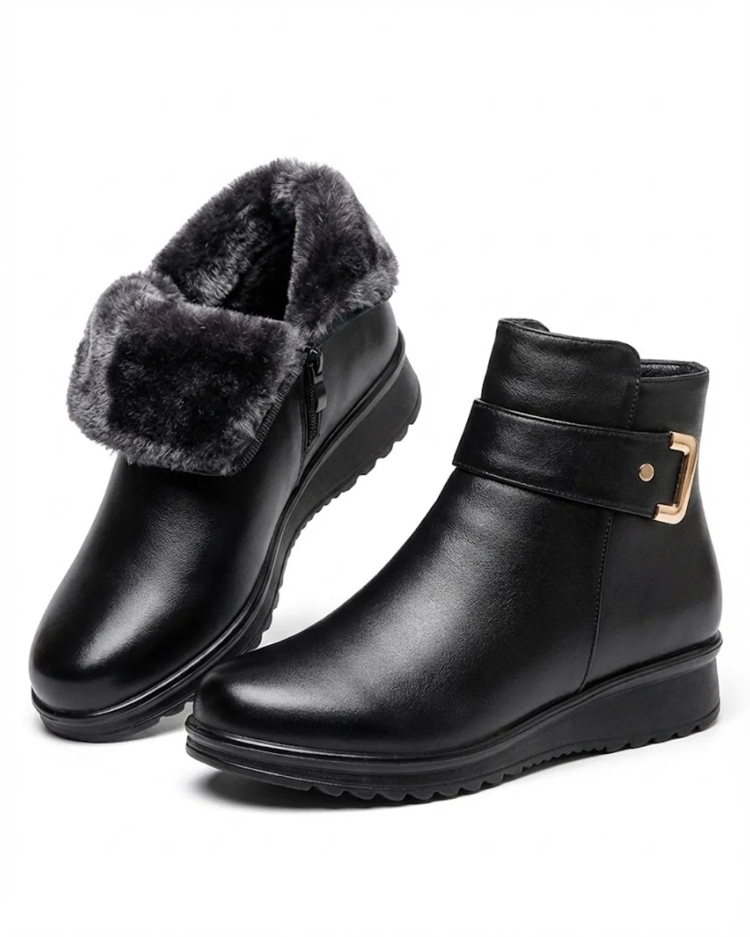 Avril™ | Side-zip buckle-strap plush-lined ankle boots