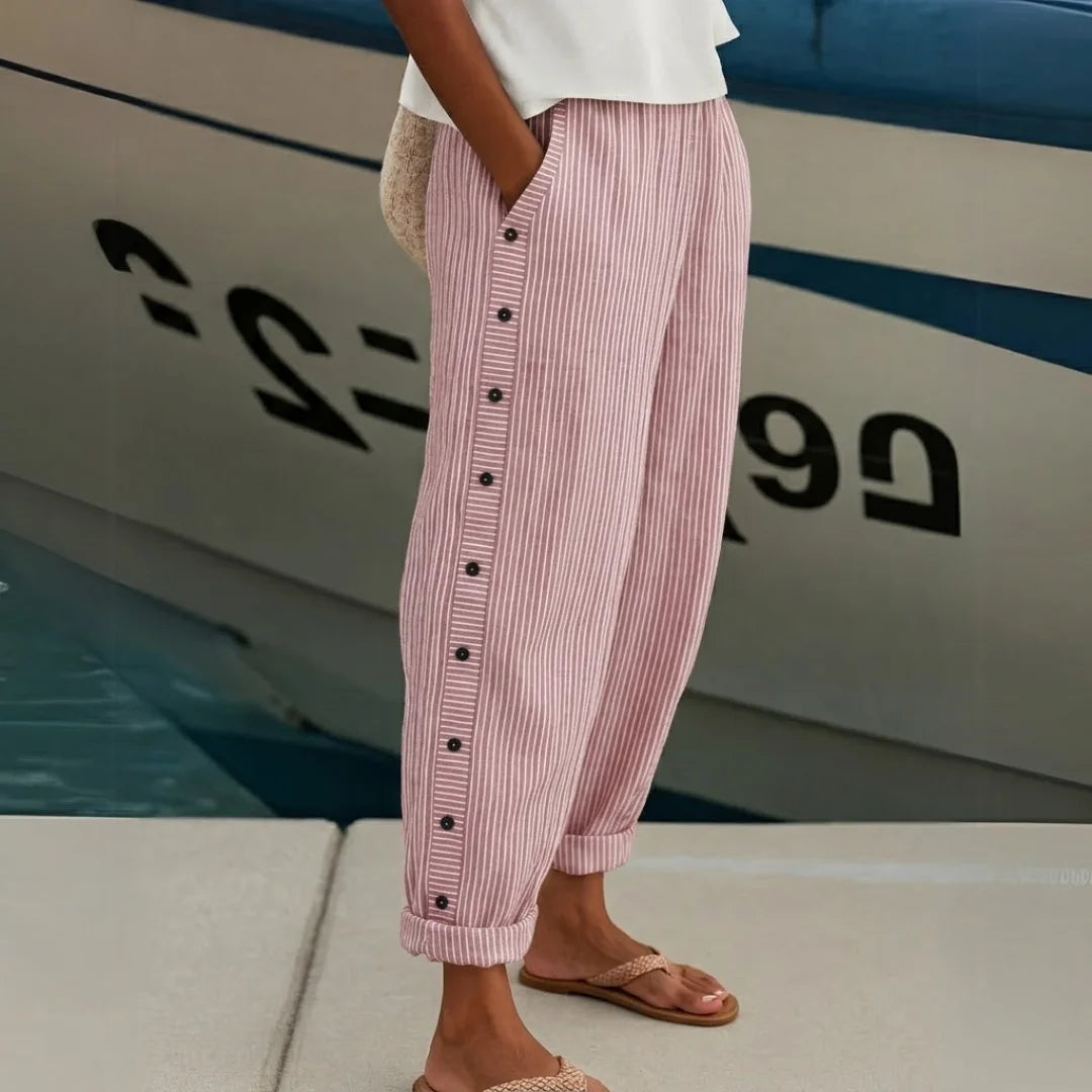 Button-Detail Striped Casual Straight Pants