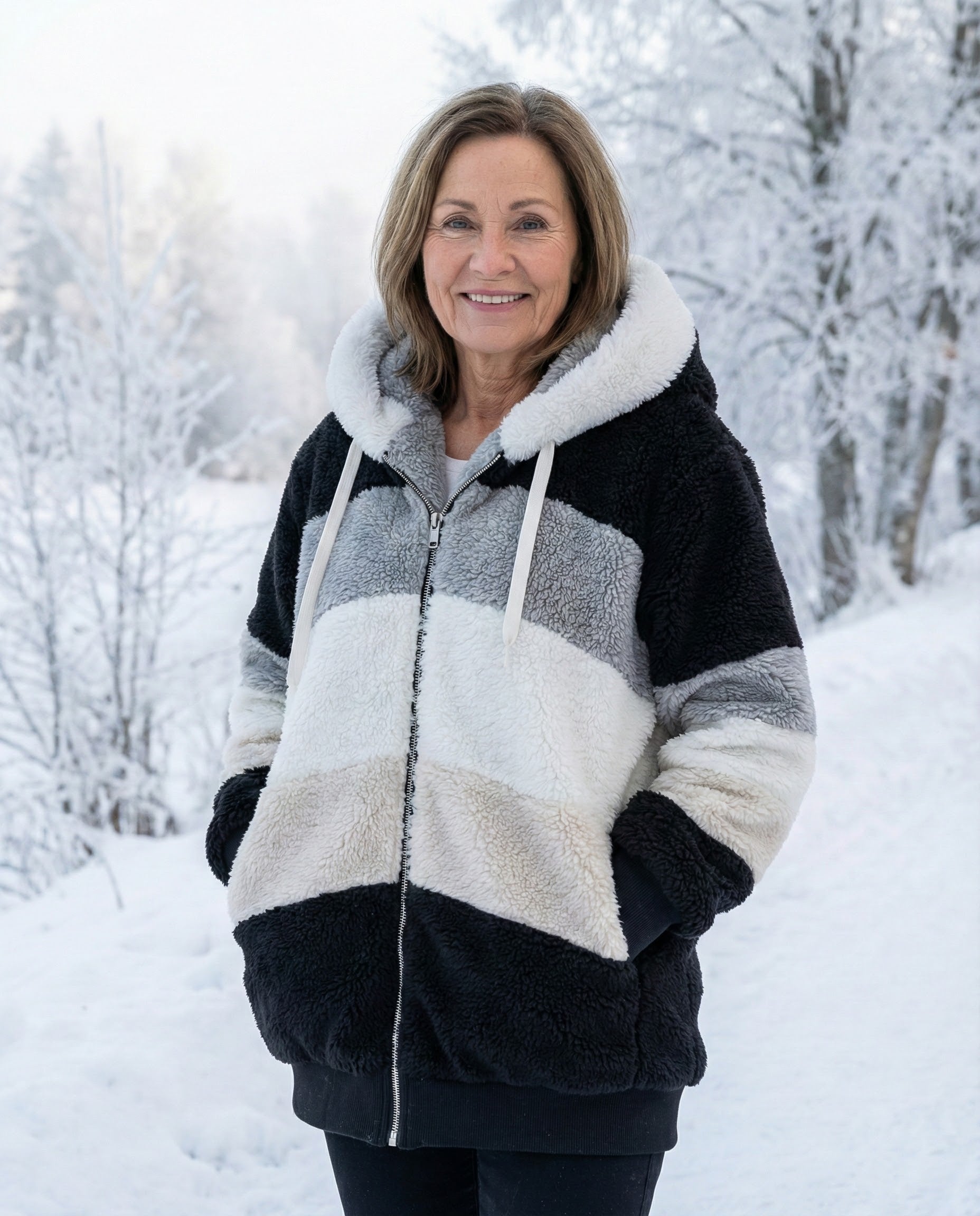 Cassandra™ | Hooded zip-front colorblock sherpa jacket
