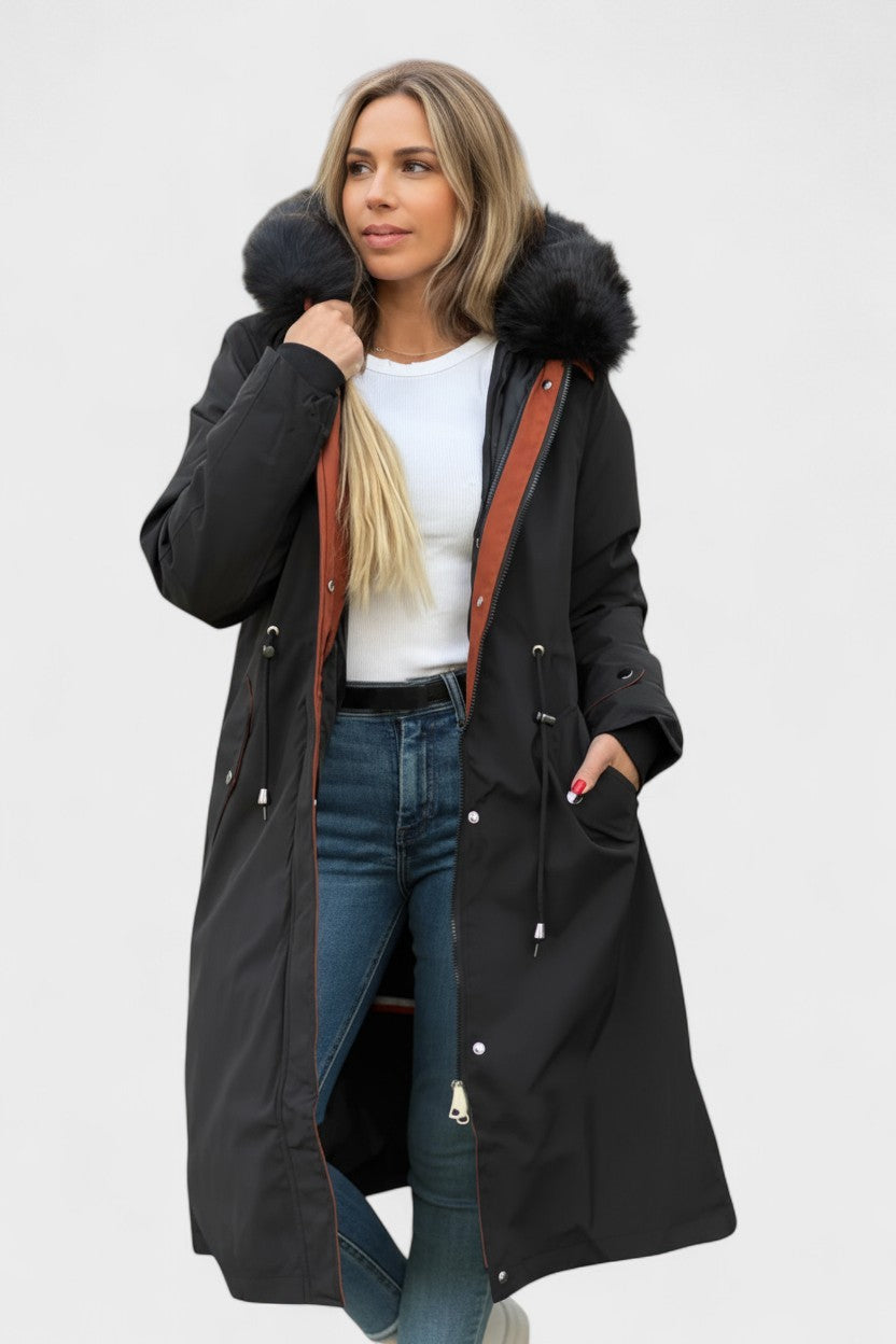 Diora™ | Faux-Fur Hood Drawstring-Waist Anorak Coat