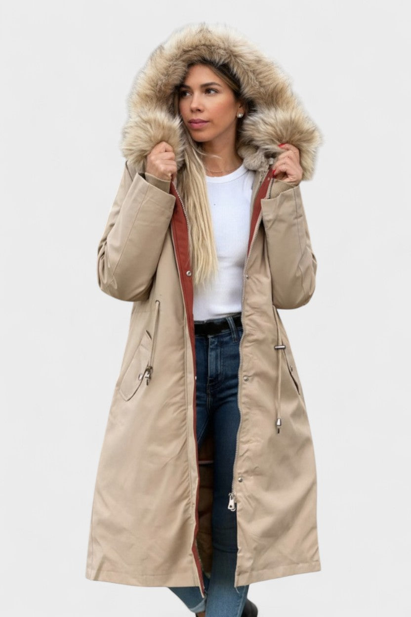 Diora™ | Faux-Fur Hood Drawstring-Waist Anorak Coat