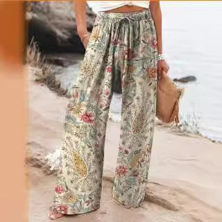 Floral Print Wide-Leg Drawstring Pants