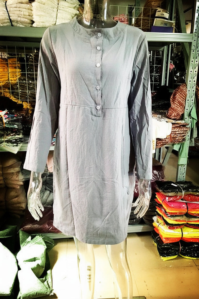 Pocket-Front Casual Linen Henley Midi Dress