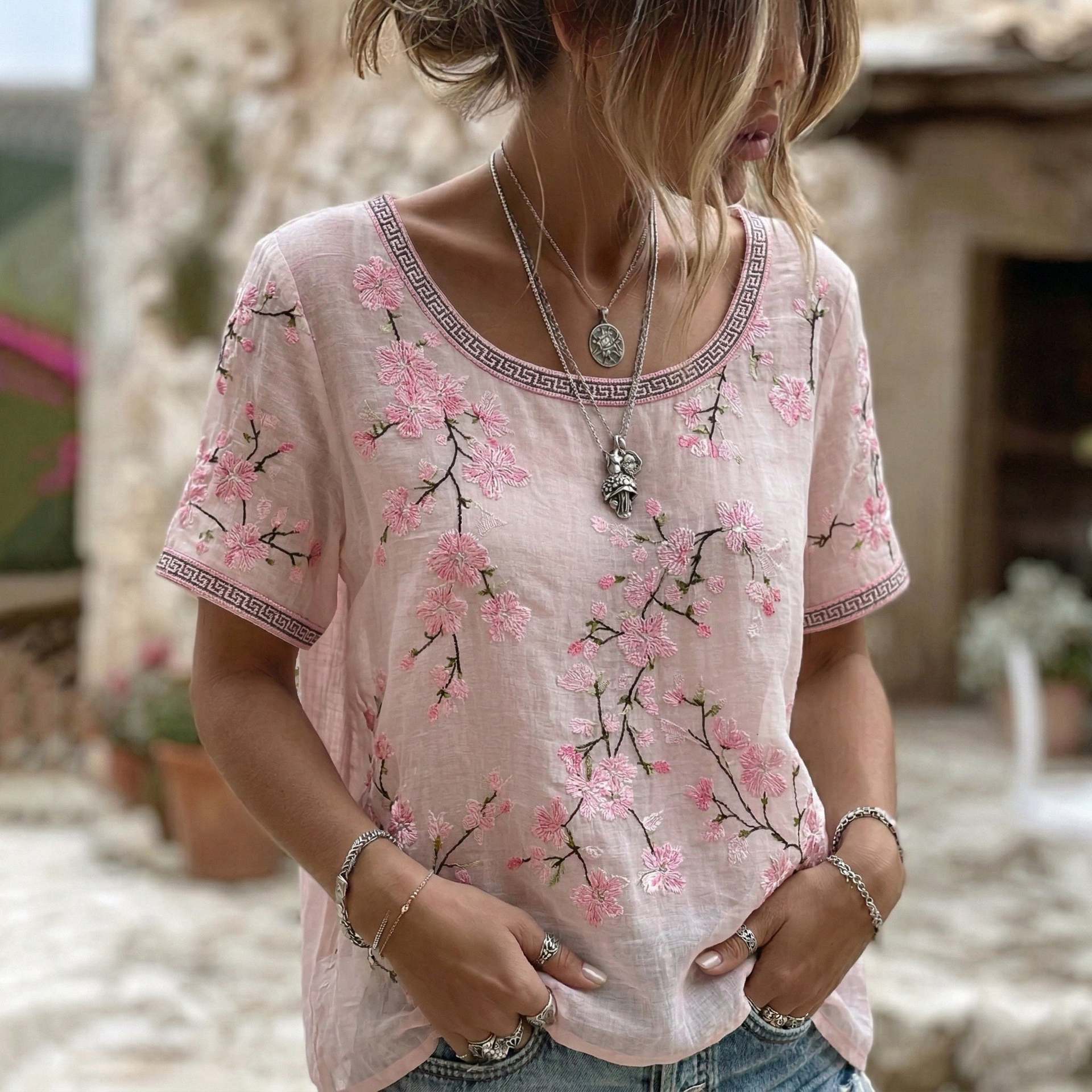 Rose Embroidered Boho Lace-Trim Blouse