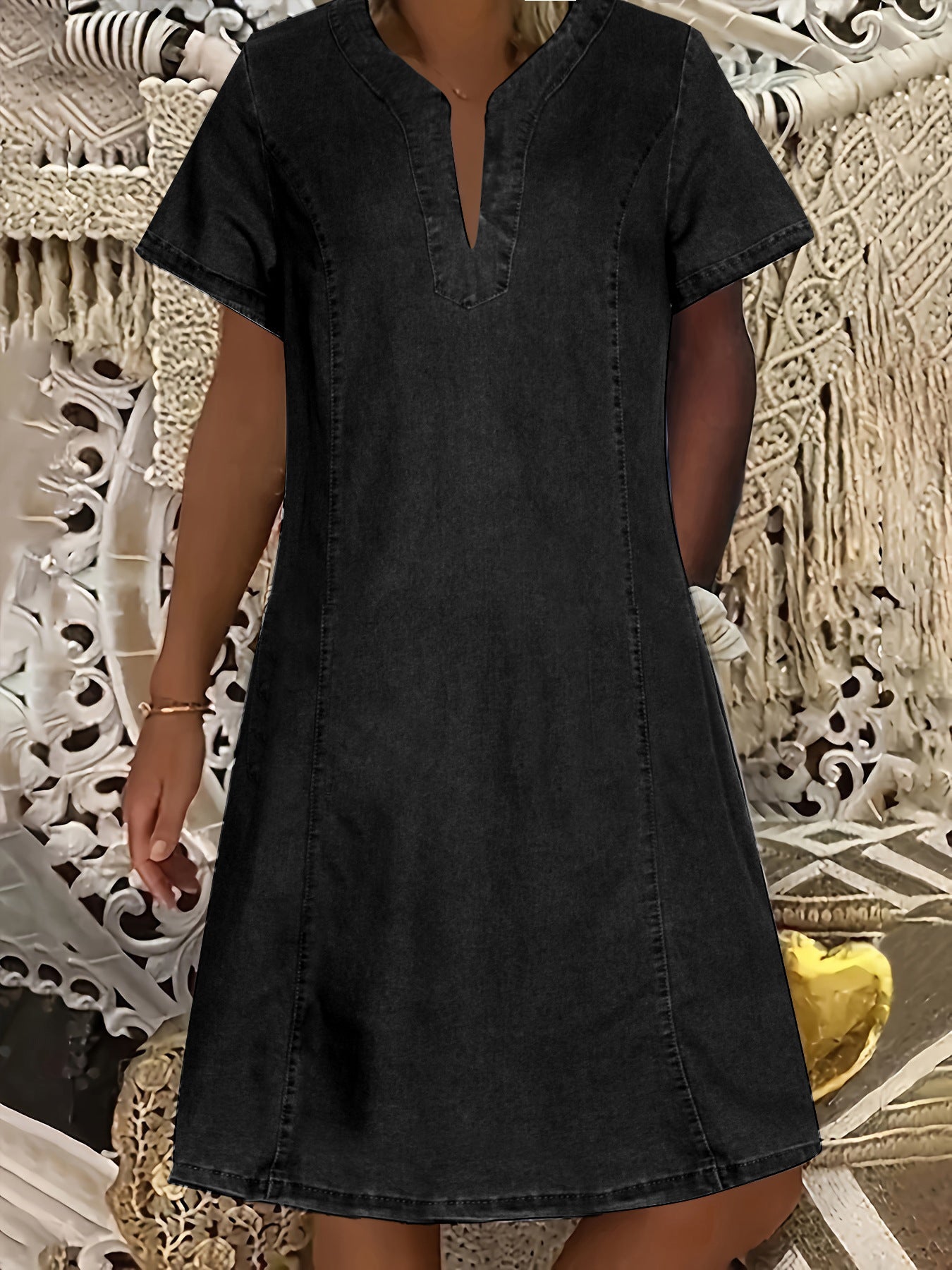 V-Neck Casual Pocket Denim Mini Dress