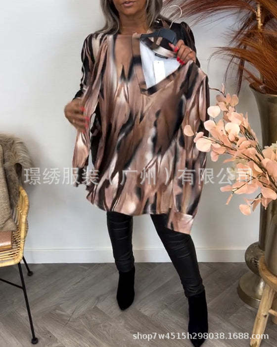 Elegant Abstract Print V-Neck Long Sleeve Blouse