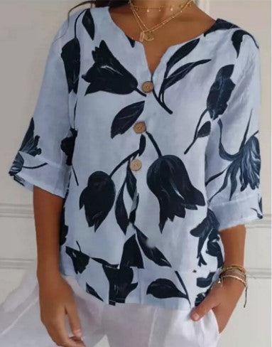 Floral Print Boho Linen Button Blouse