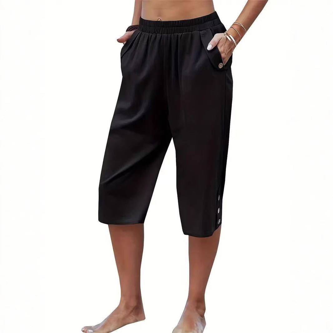 Comfortable Button Detail Cropped Pants