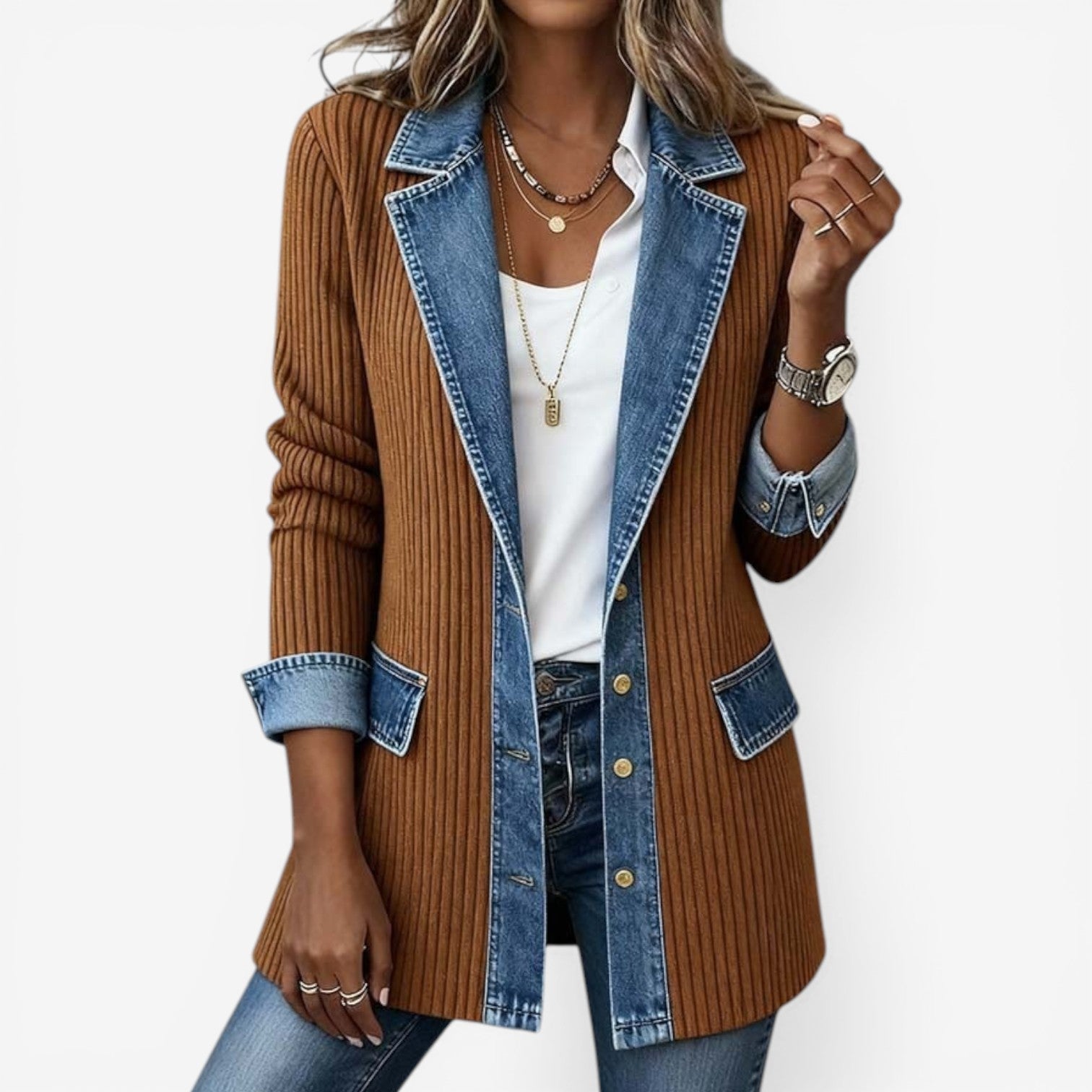 Denim Ribbed Patchwork Longline Jacket