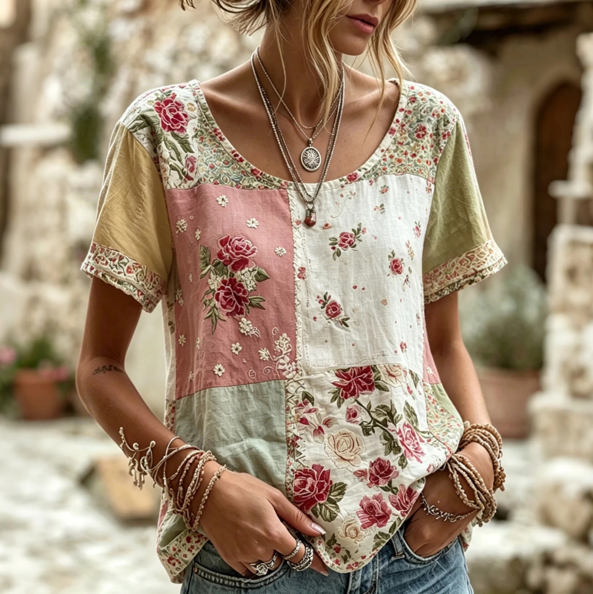 Rose Embroidered Boho Lace-Trim Blouse