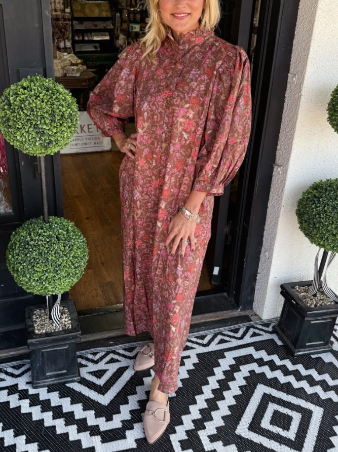 Floral Print Vintage Puff-Sleeve Maxi Dress