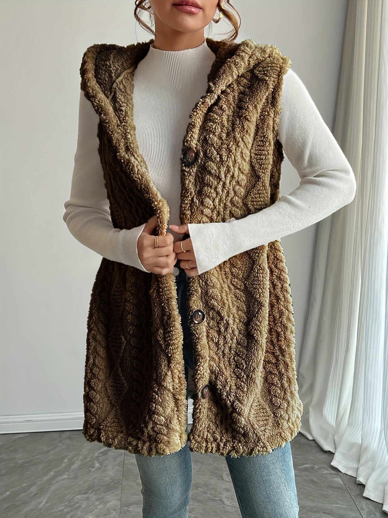 Laetitia™ | Hooded Textured Buttoned Sleeveless Vest