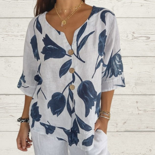 Floral Print Boho Linen Button Blouse