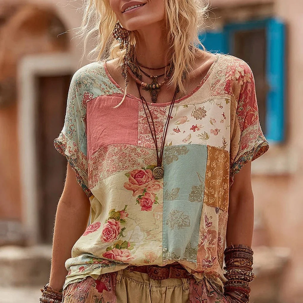 Rose Embroidered Boho Lace-Trim Blouse