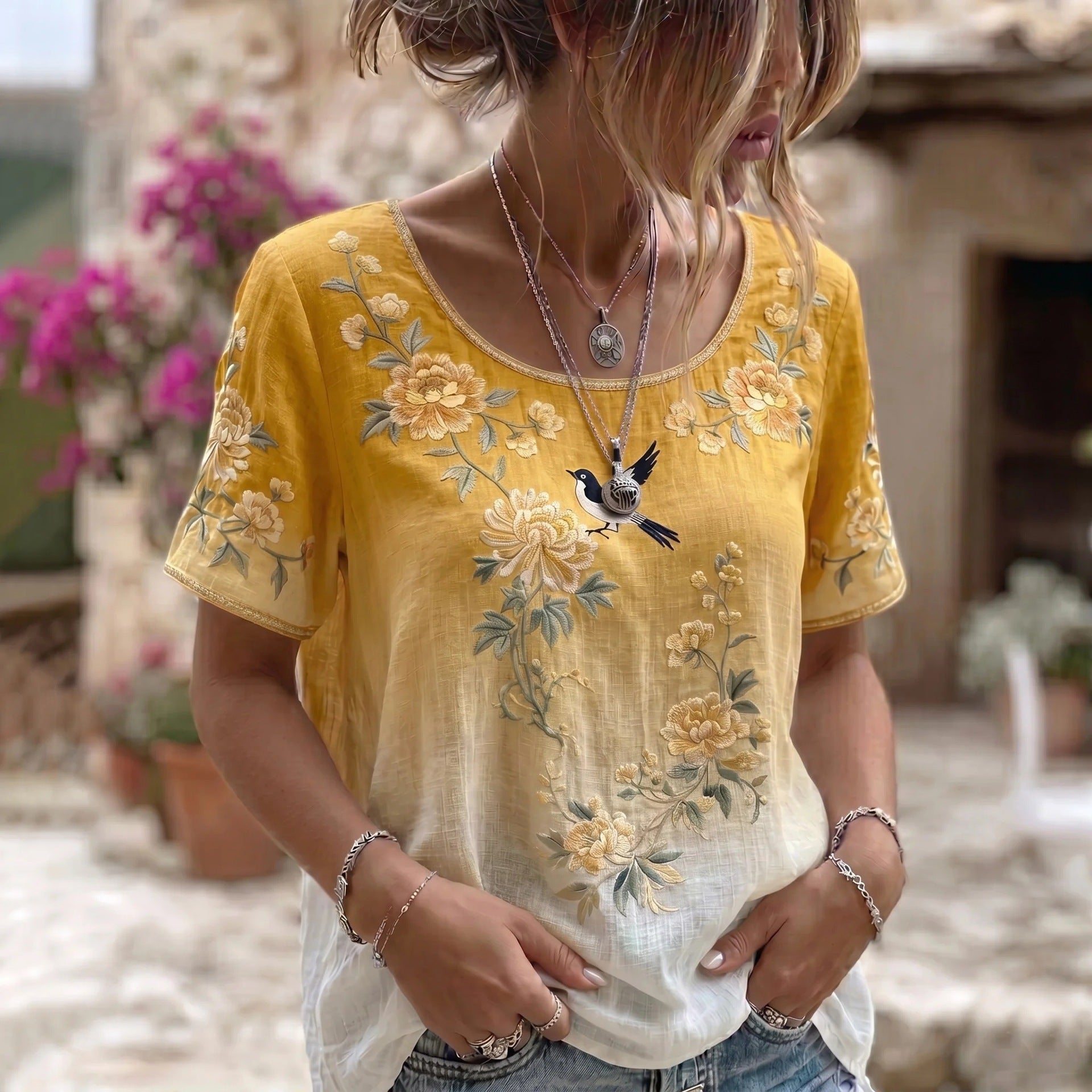Rose Embroidered Boho Lace-Trim Blouse