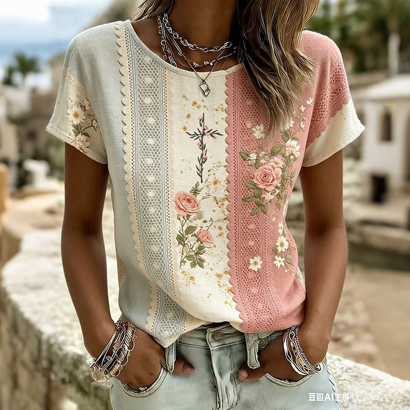 Rose Embroidered Boho Lace-Trim Blouse