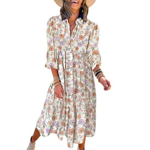 Floral Print Boho Button-Down Midi Dress
