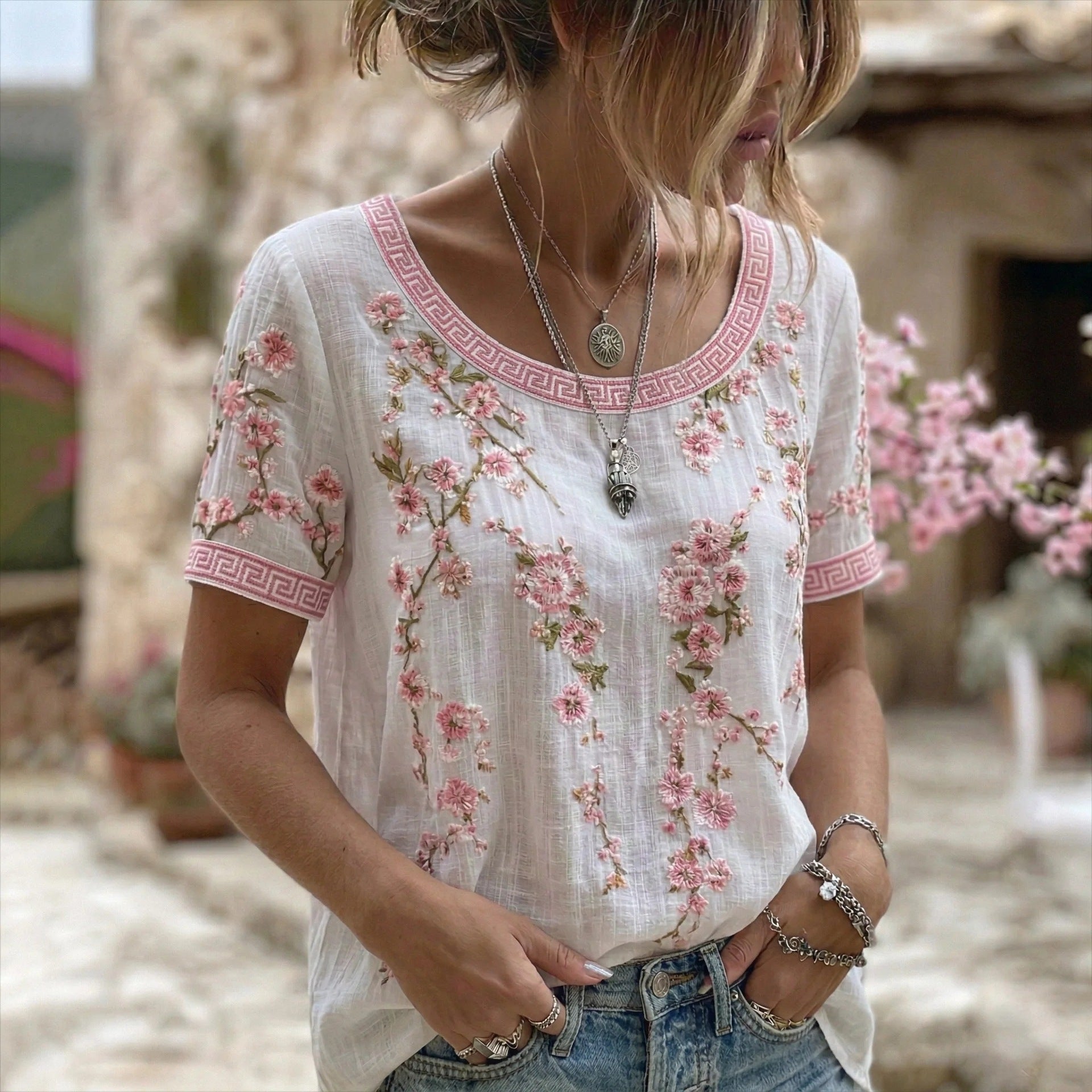 Rose Embroidered Boho Lace-Trim Blouse
