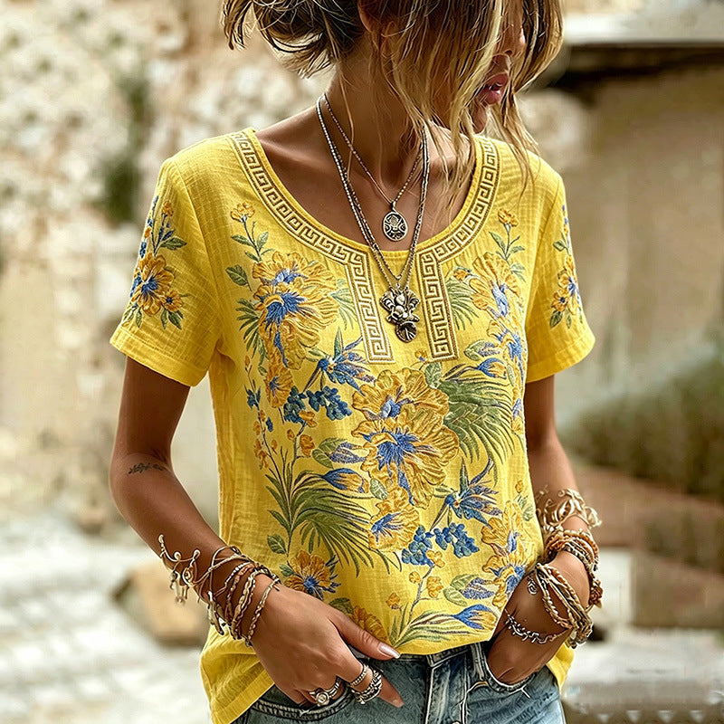 Rose Embroidered Boho Lace-Trim Blouse