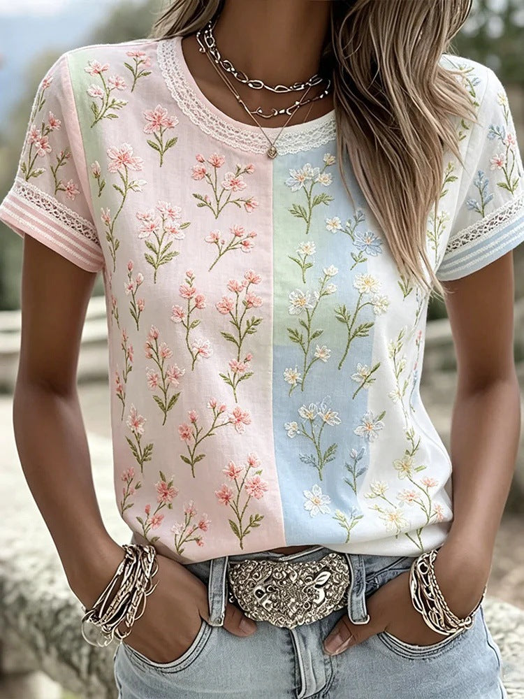 Rose Embroidered Boho Lace-Trim Blouse